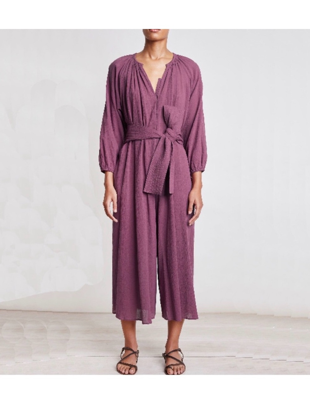 Apiece Apart Dusty Mauve Textured Long-Sleeve Jumpsuit with Tie Waist